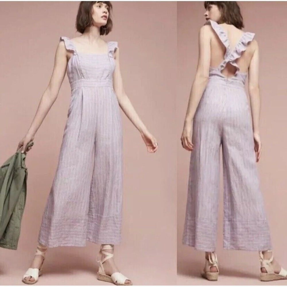 Elevenses‎ Anthropologie Linen Striped Ruffle Wide Leg Jumpsuit Purple Pink 0 J1